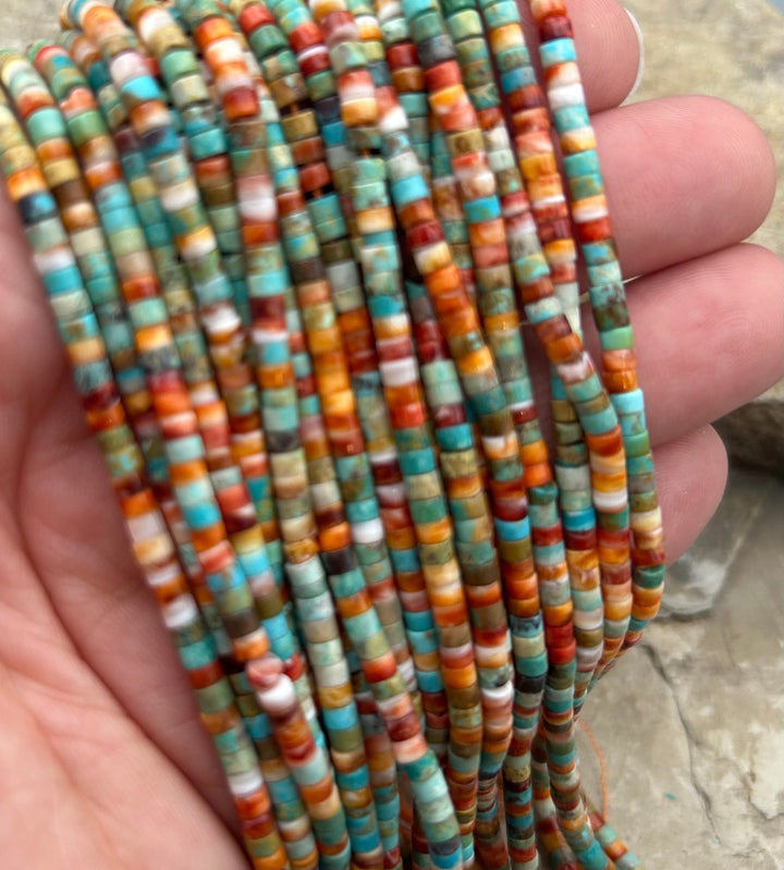 Spiny Oyster and Turquoise 3mm Heishi Beads One 16 Inch