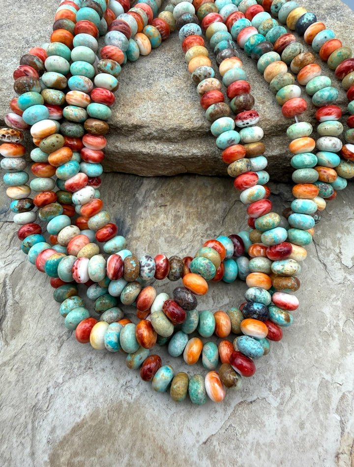 Spiny Oyster and Turquoise 8mm Rondelle Beads One 16 Inch