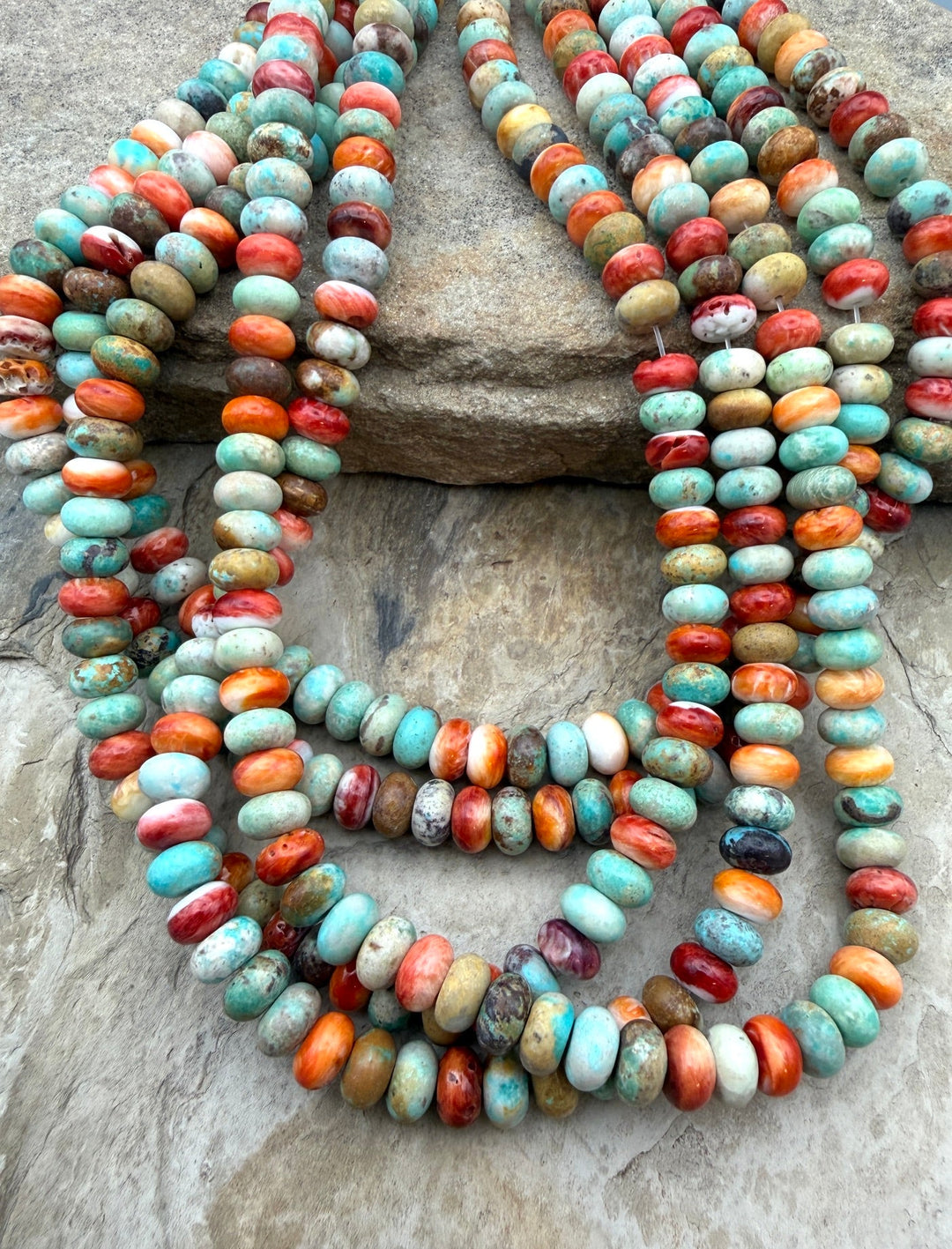 Spiny Oyster and Turquoise *mm Rondelle Beads One 16 Inch