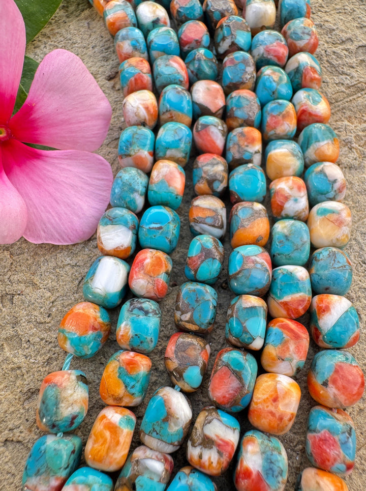 Spiny Oyster Turquoise and Bronze 6x8mmCube/Nugget Beads