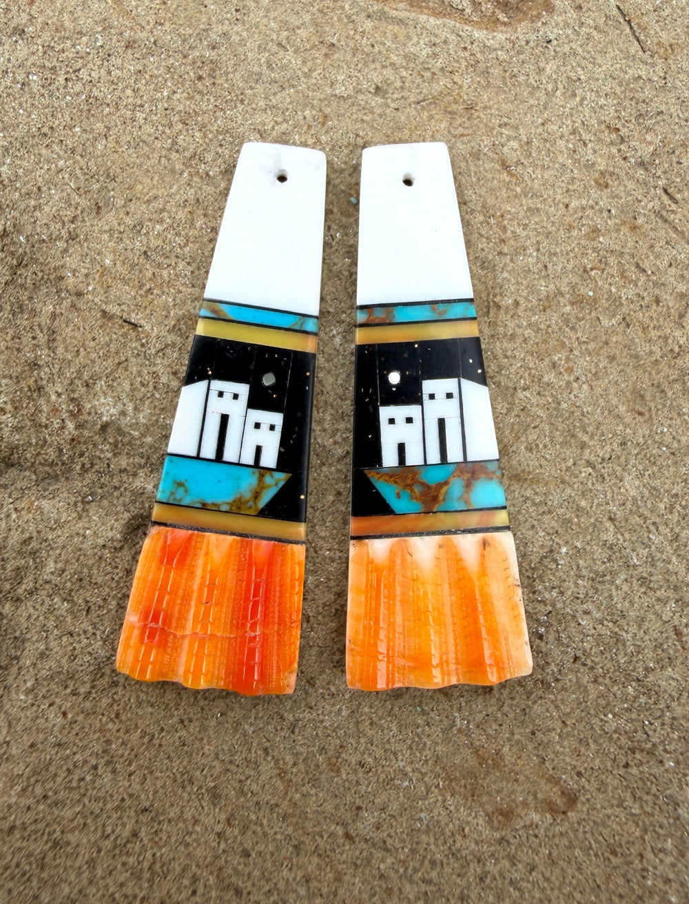 Spiny Oyster with Hand Pieced Inlay Earring Slab Bead Pair