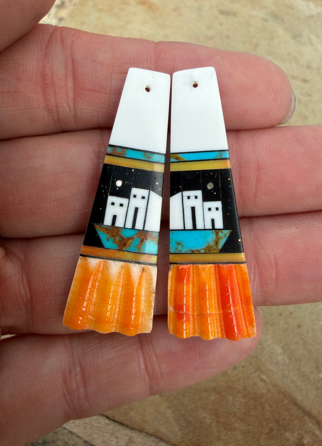 Spiny Oyster with Hand Pieced Inlay Earring Slab Bead Pair