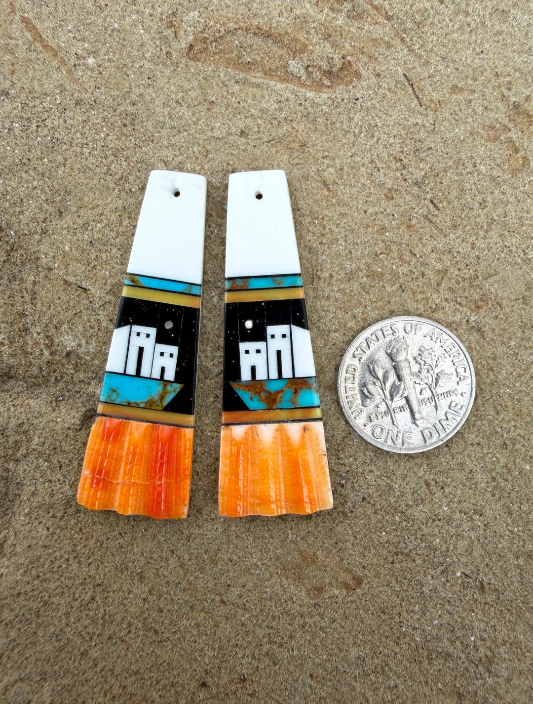 Spiny Oyster with Hand Pieced Inlay Earring Slab Bead Pair