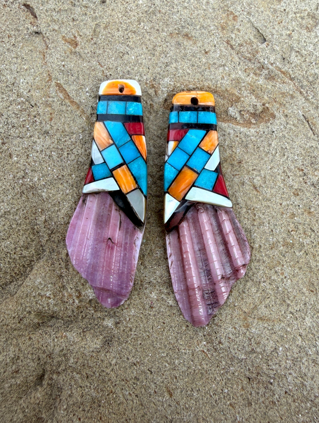 Spiny Oyster with Hand Pieced Inlay Earring Slab Bead Pair