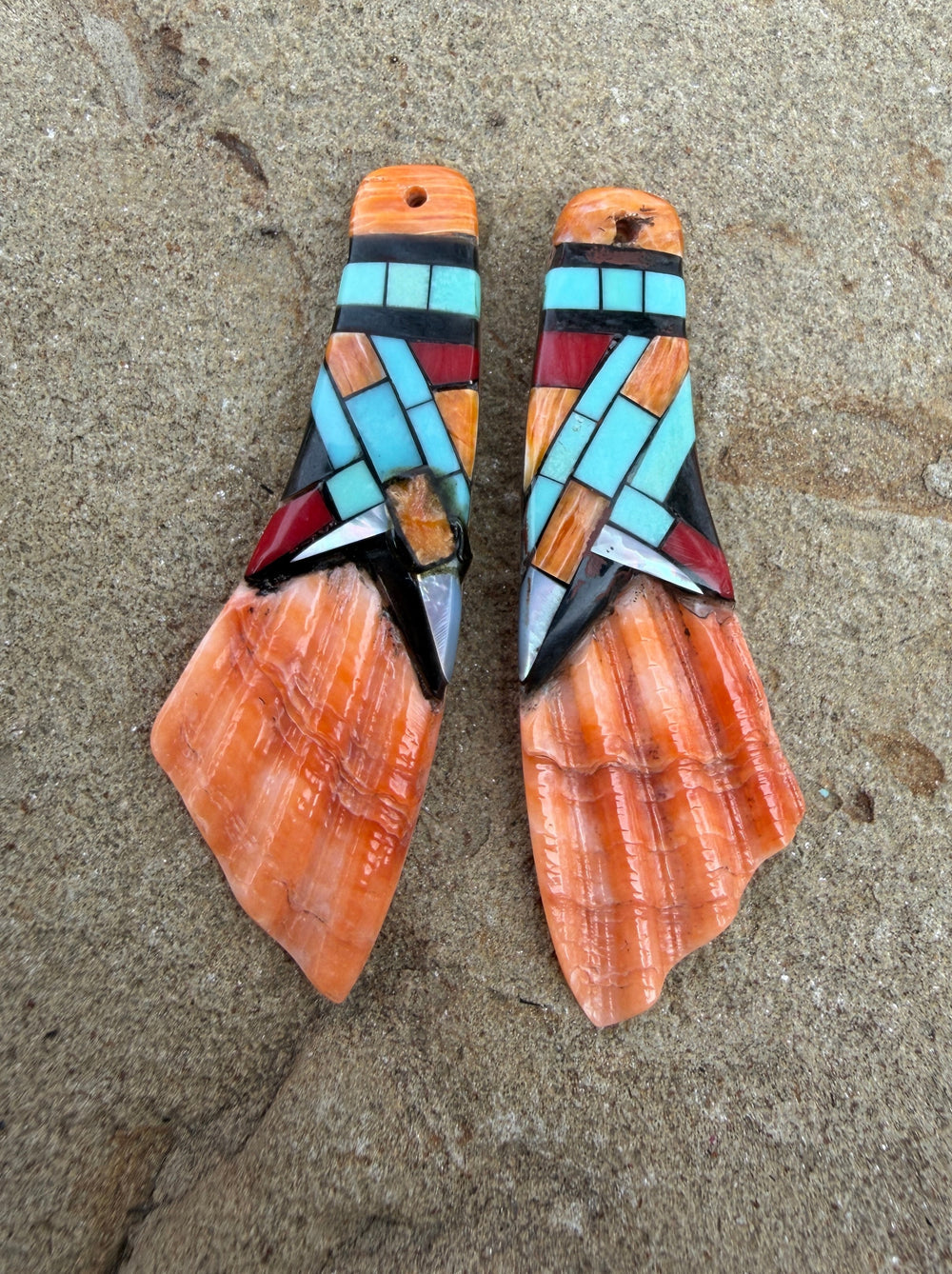 Spiny Oyster with Hand Pieced Inlay Earring Slab Bead Pair