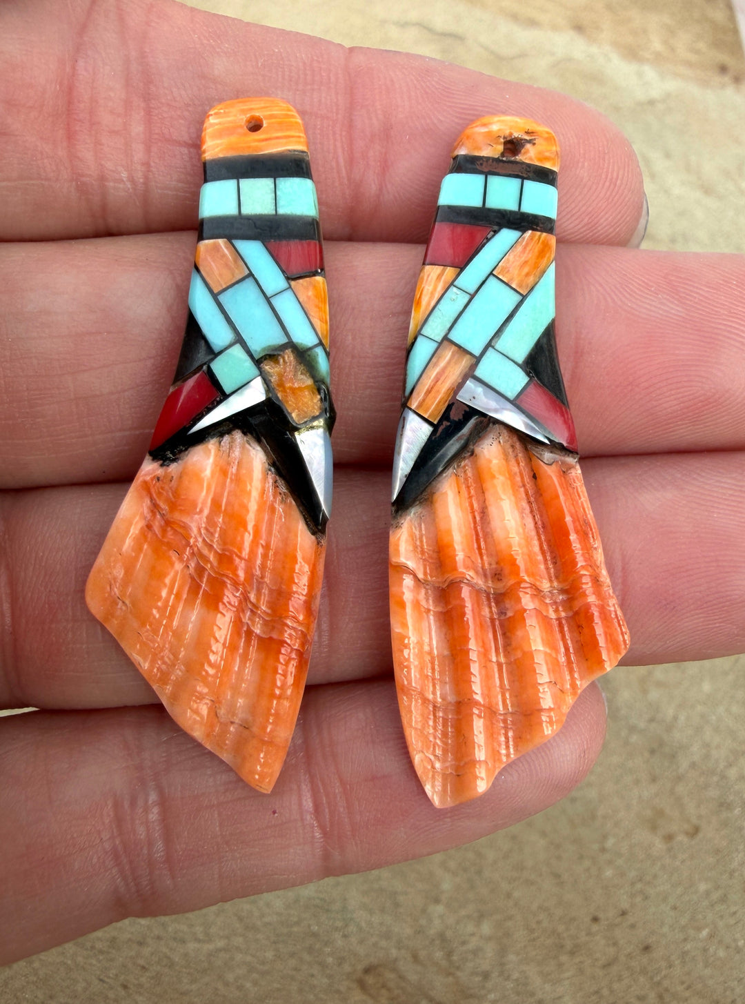 Spiny Oyster with Hand Pieced Inlay Earring Slab Bead Pair