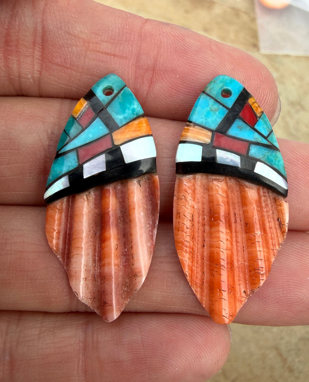 Spiny Oyster with Hand Pieced Inlay Earring Slab Bead Pair