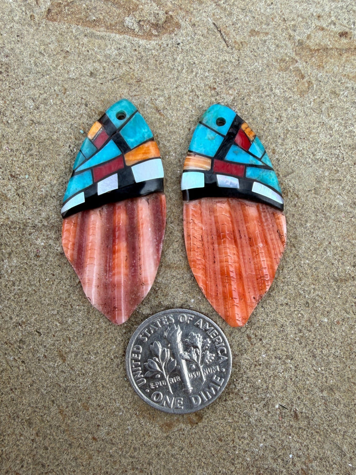 Spiny Oyster with Hand Pieced Inlay Earring Slab Bead Pair