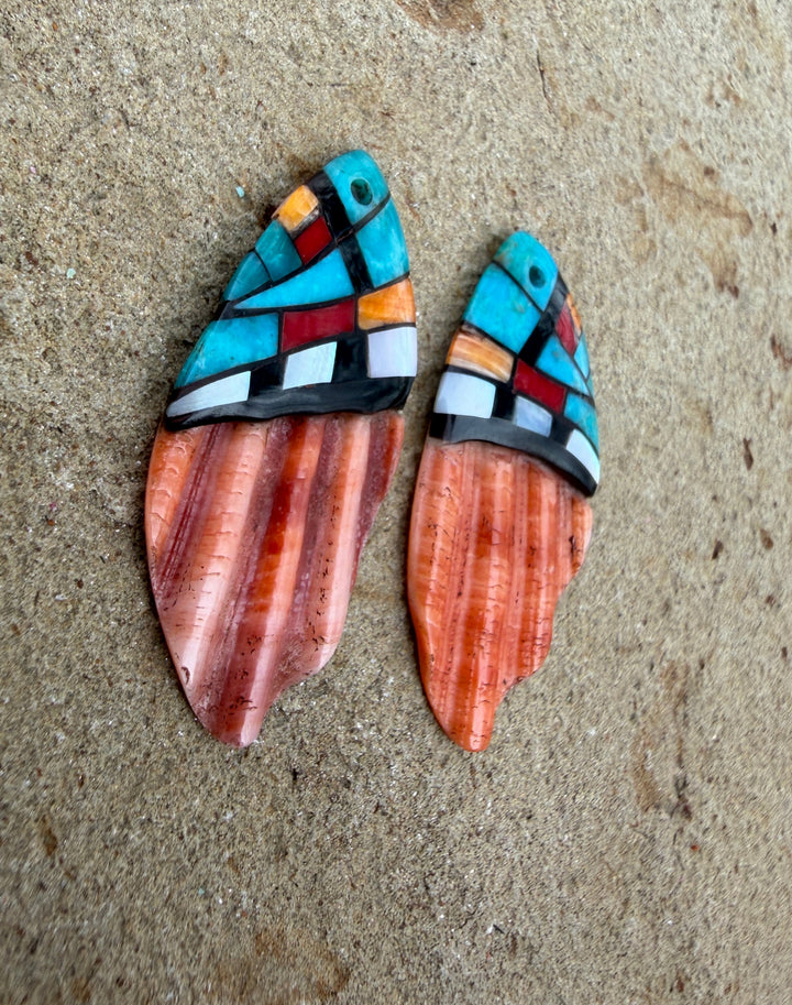 Spiny Oyster with Hand Pieced Inlay Earring Slab Bead Pair