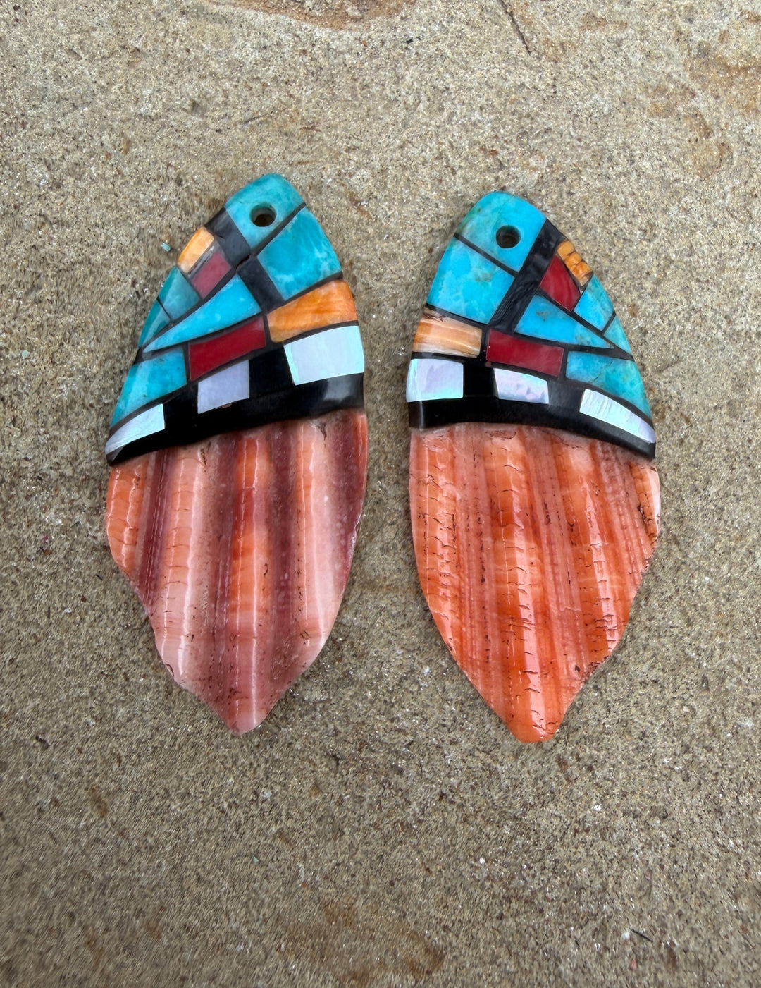 Spiny Oyster with Hand Pieced Inlay Earring Slab Bead Pair