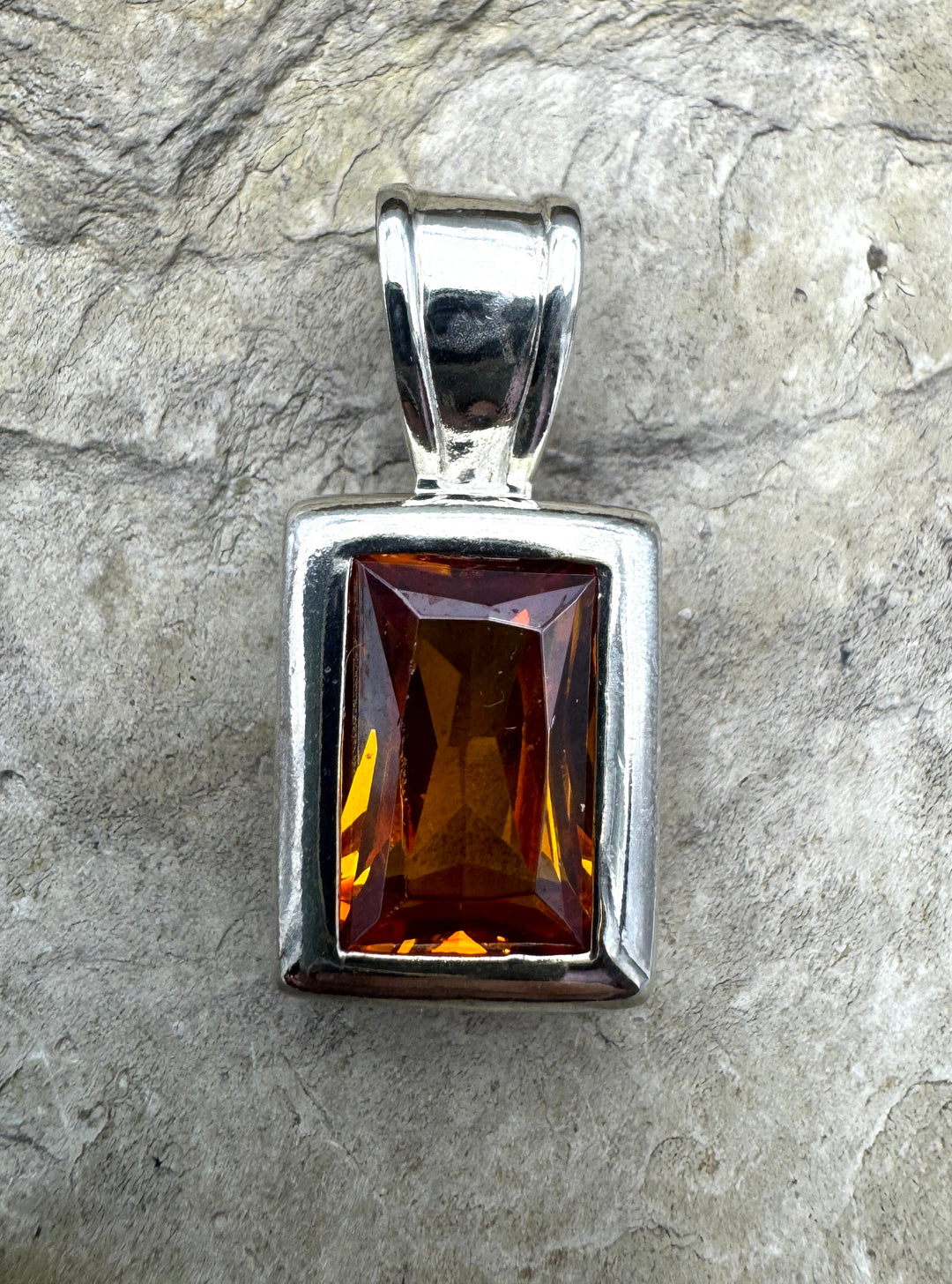Sterling Silver Amber Color Faceted Strone Rectangle