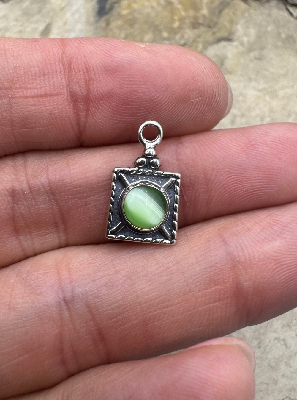 Sterling Silver Green Cat’s Eye Strone Charm 12x16