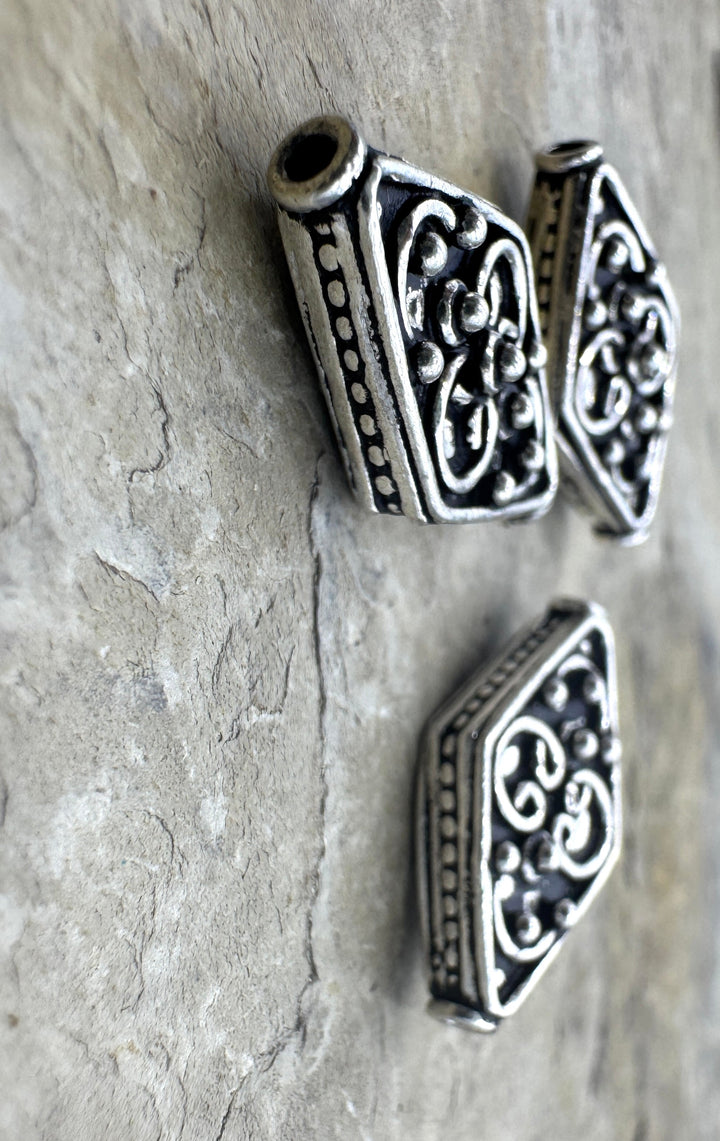 Sterling Silver Oxidized Beads BIG 14x23mm Diamond Shapped