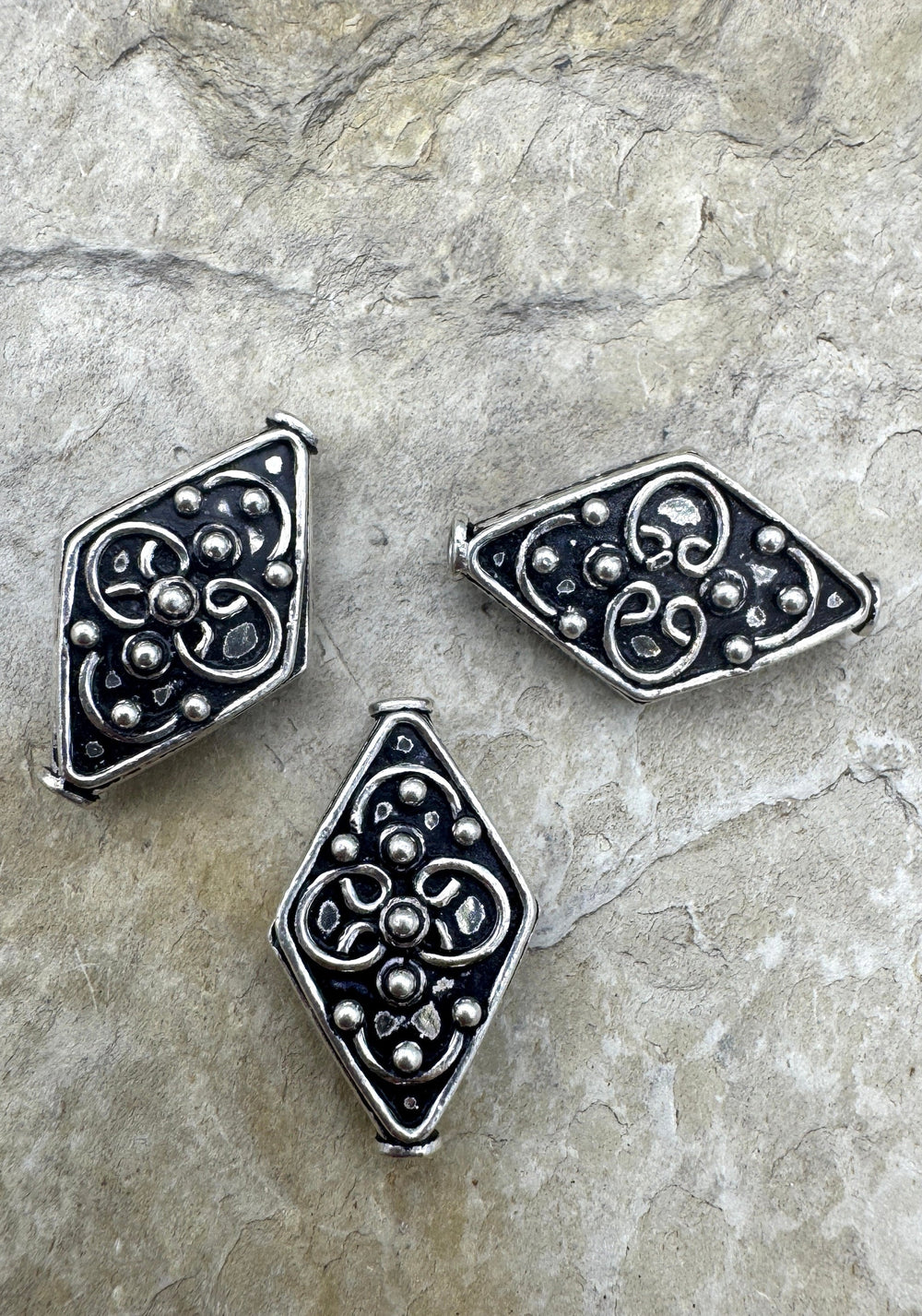 Sterling Silver Oxidized Beads BIG 14x23mm Diamond Shapped