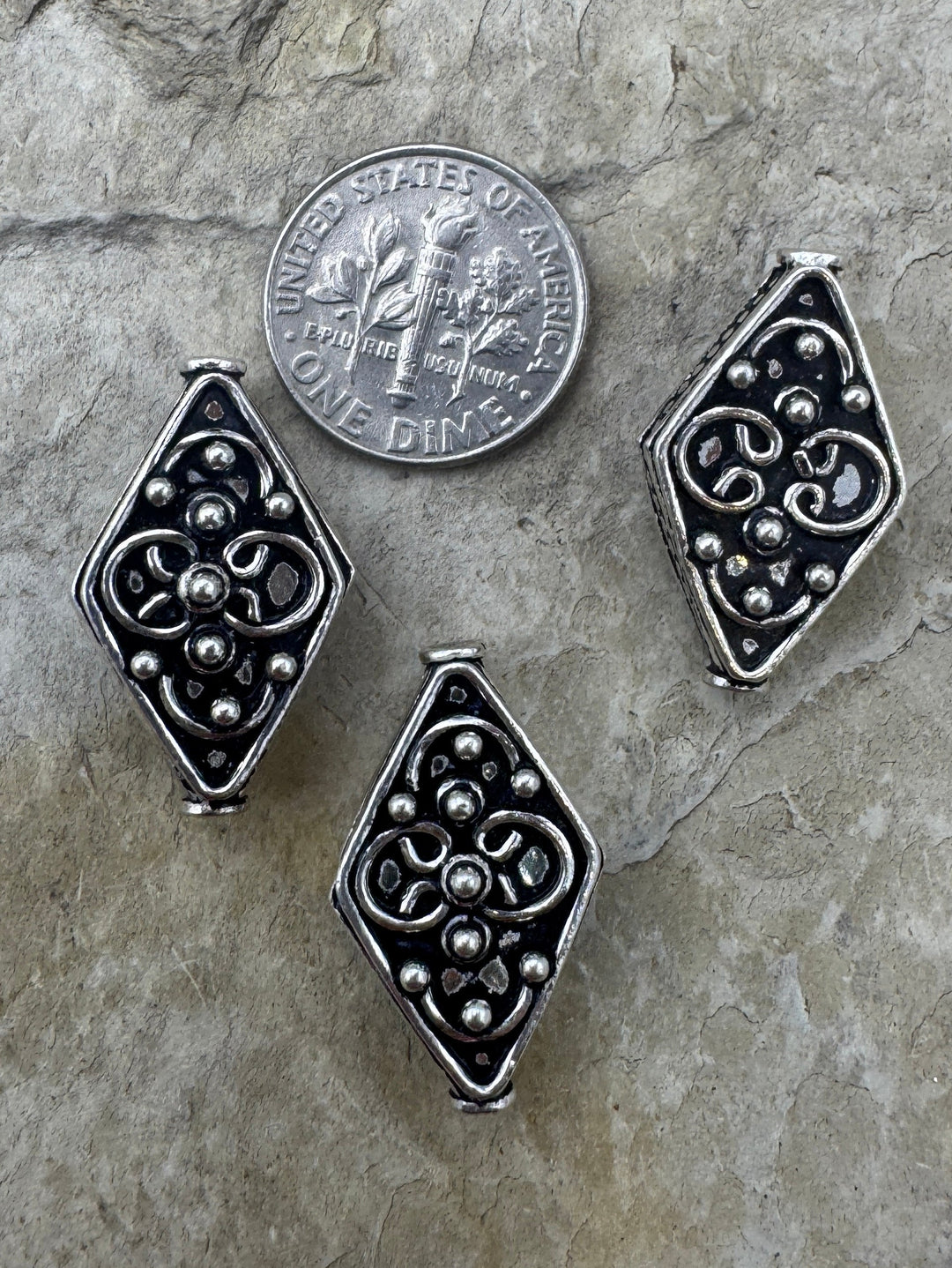 Sterling Silver Oxidized Beads BIG 14x23mm Diamond Shapped