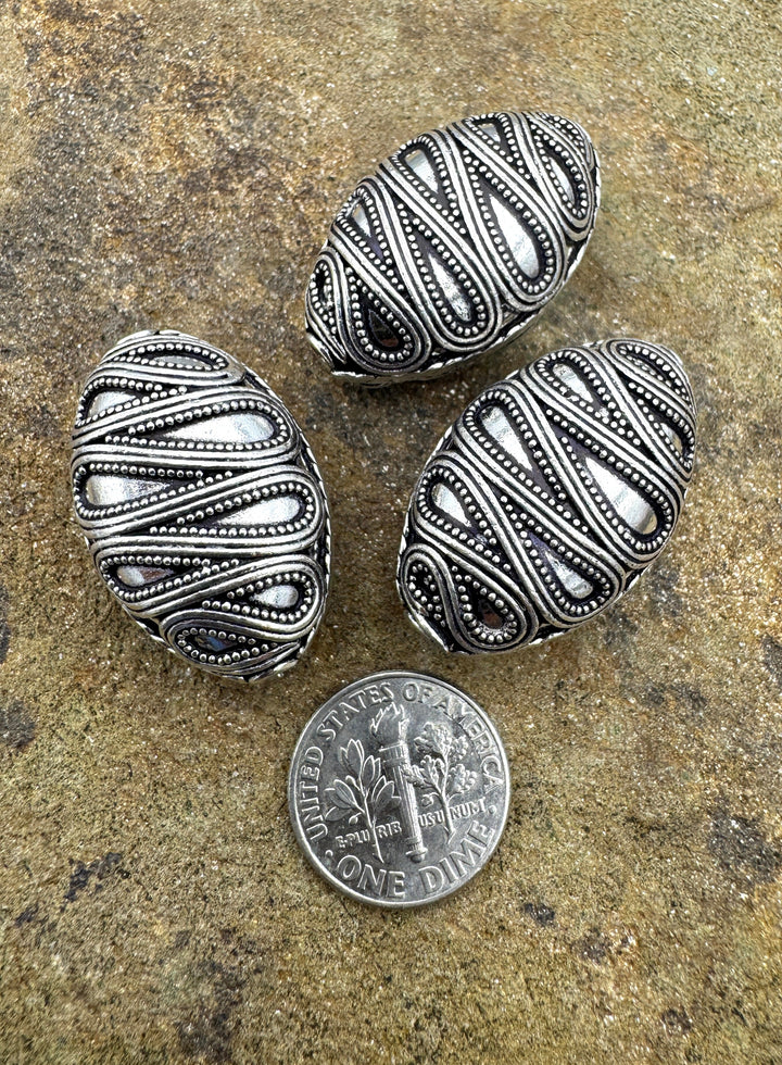 Sterling Silver Oxidized Beads BIG 18x30mm Football Shapped