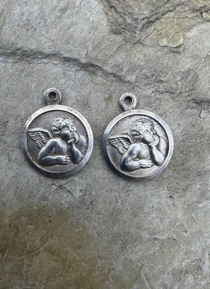 Sterling Silver Round Cherubim Charm Pair 12x15mm - Jewelry