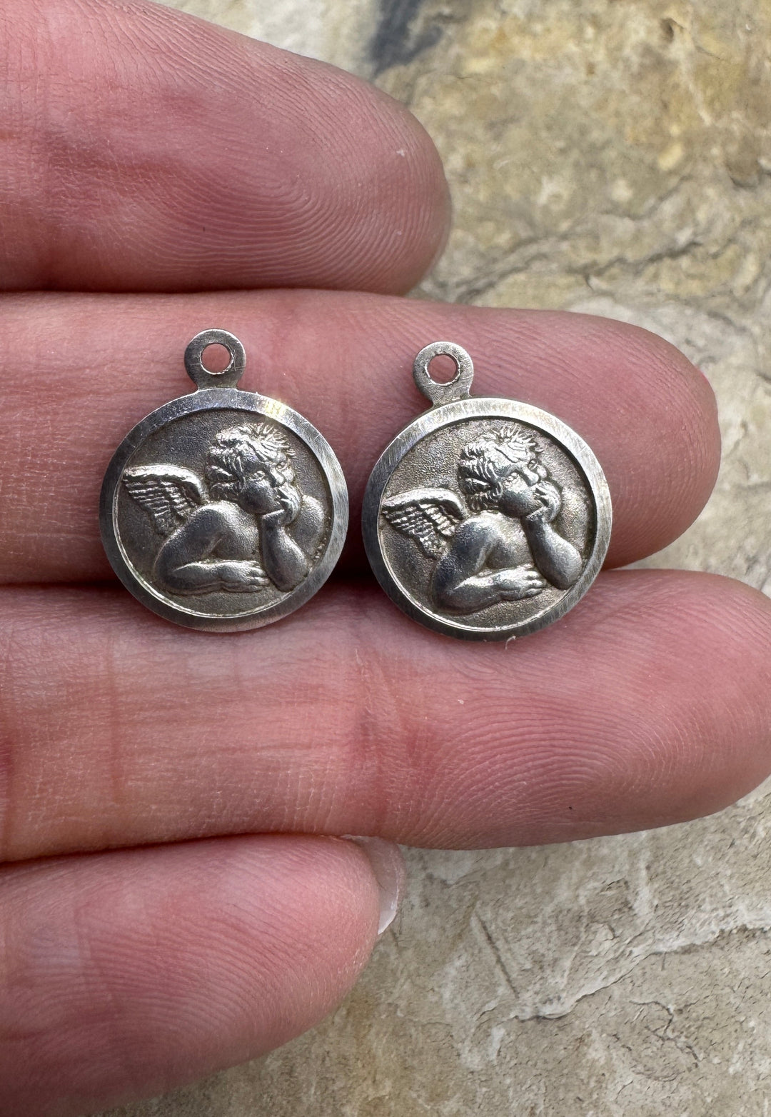 Sterling Silver Round Cherubim Charm Pair 12x15mm - Jewelry