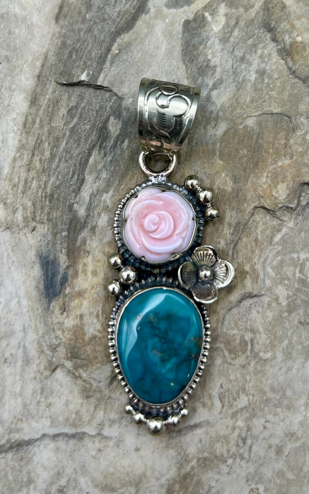 Turquoise and Pink Conch Carved Rose Pendant 26x70mm (Base