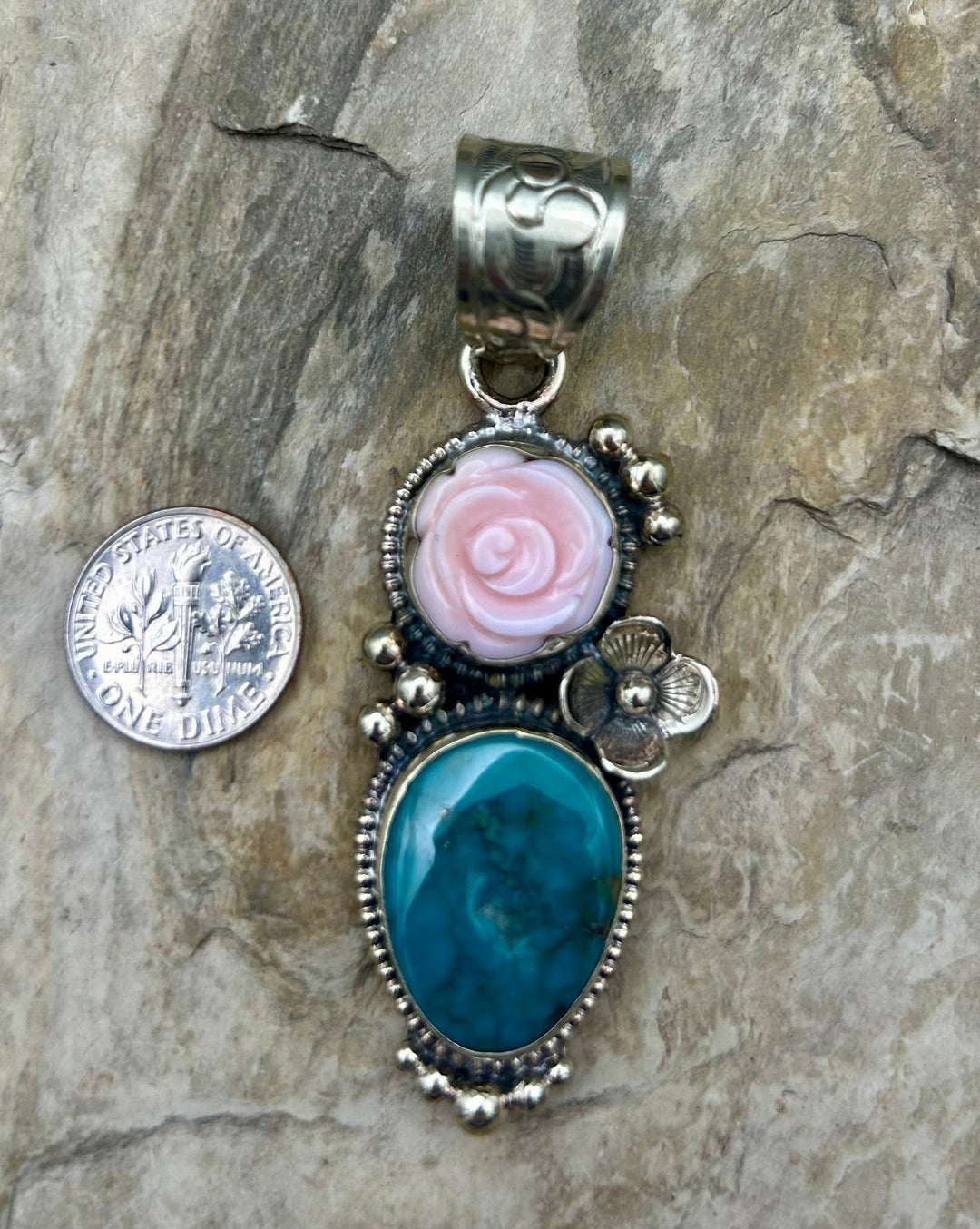 Turquoise and Pink Conch Carved Rose Pendant 26x70mm (Base