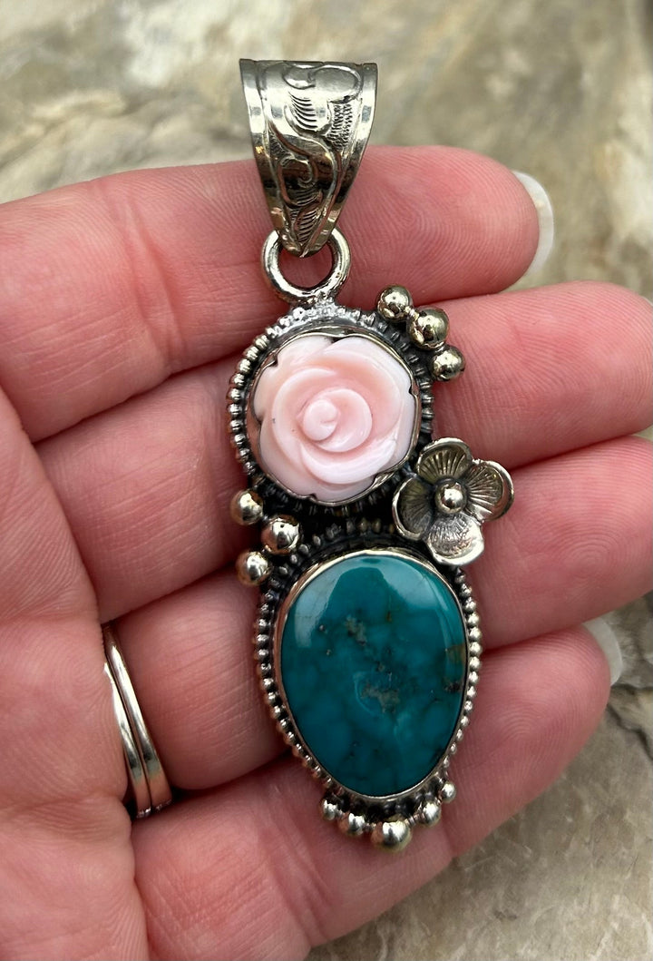 Turquoise and Pink Conch Carved Rose Pendant 26x70mm (Base