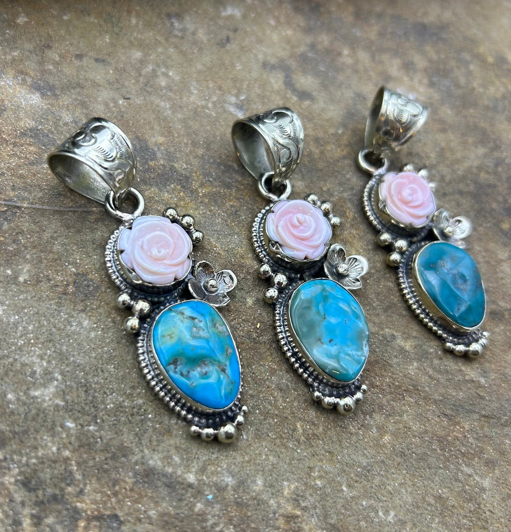 Turquoise and Pink Conch Carved Rose Pendant 26x70mm (Base