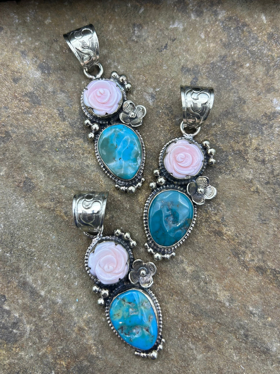 Turquoise and Pink Conch Carved Rose Pendant 26x70mm (Base