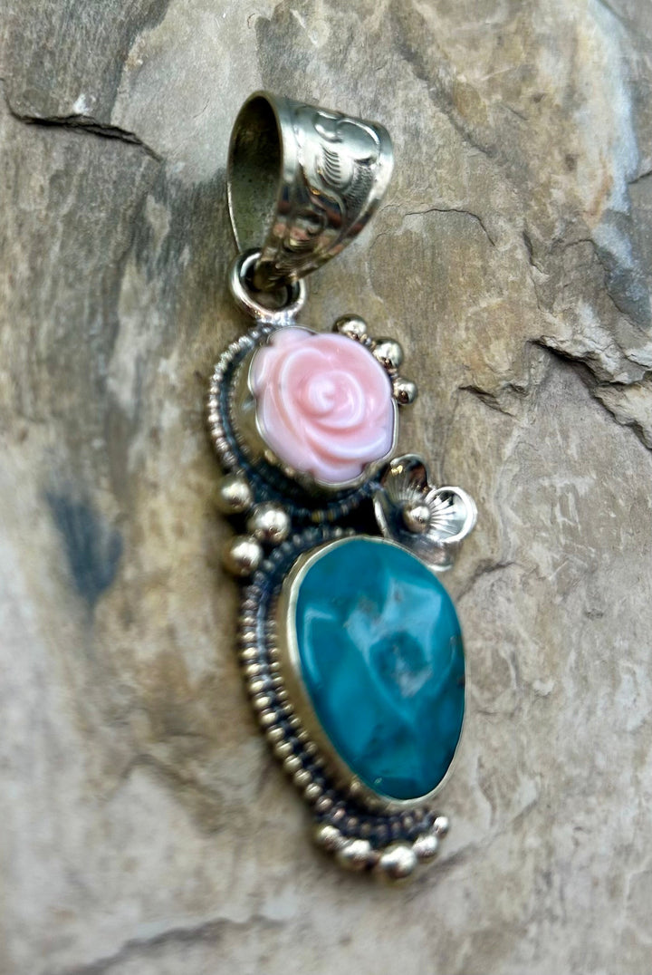 Turquoise and Pink Conch Carved Rose Pendant 26x70mm (Base