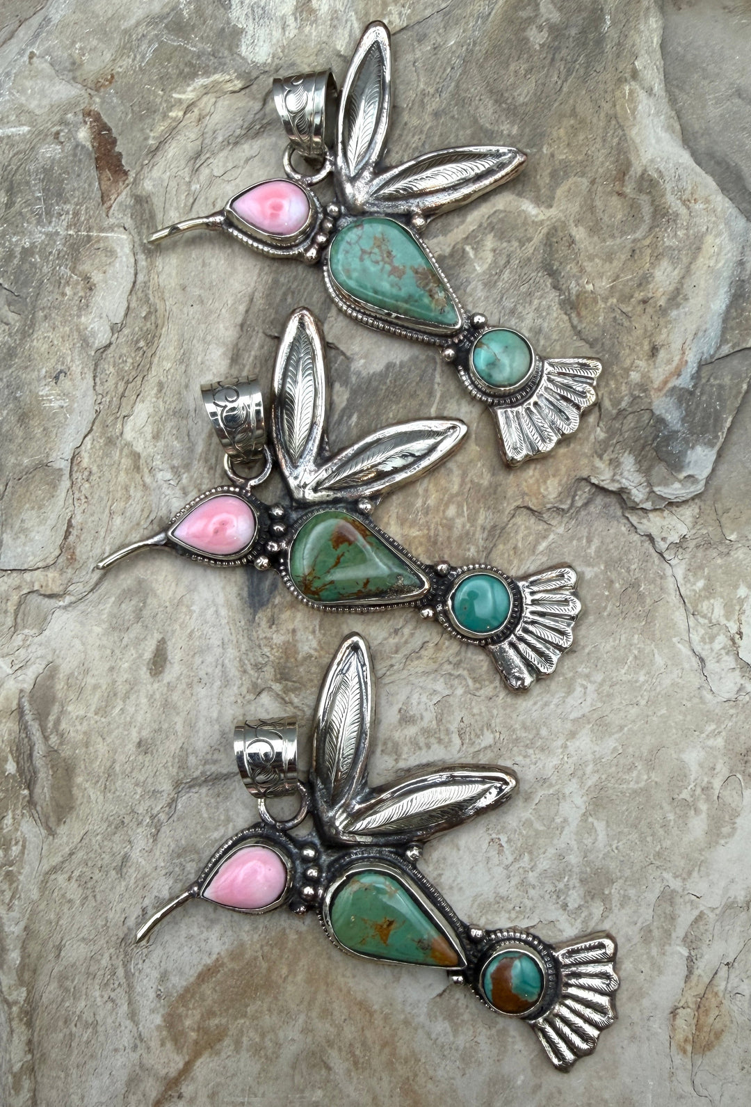 Turquoise and Pink Conch Hummingbird Pendant 51x78mm (Base