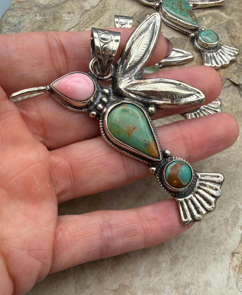 Turquoise and Pink Conch Hummingbird Pendant 51x78mm (Base