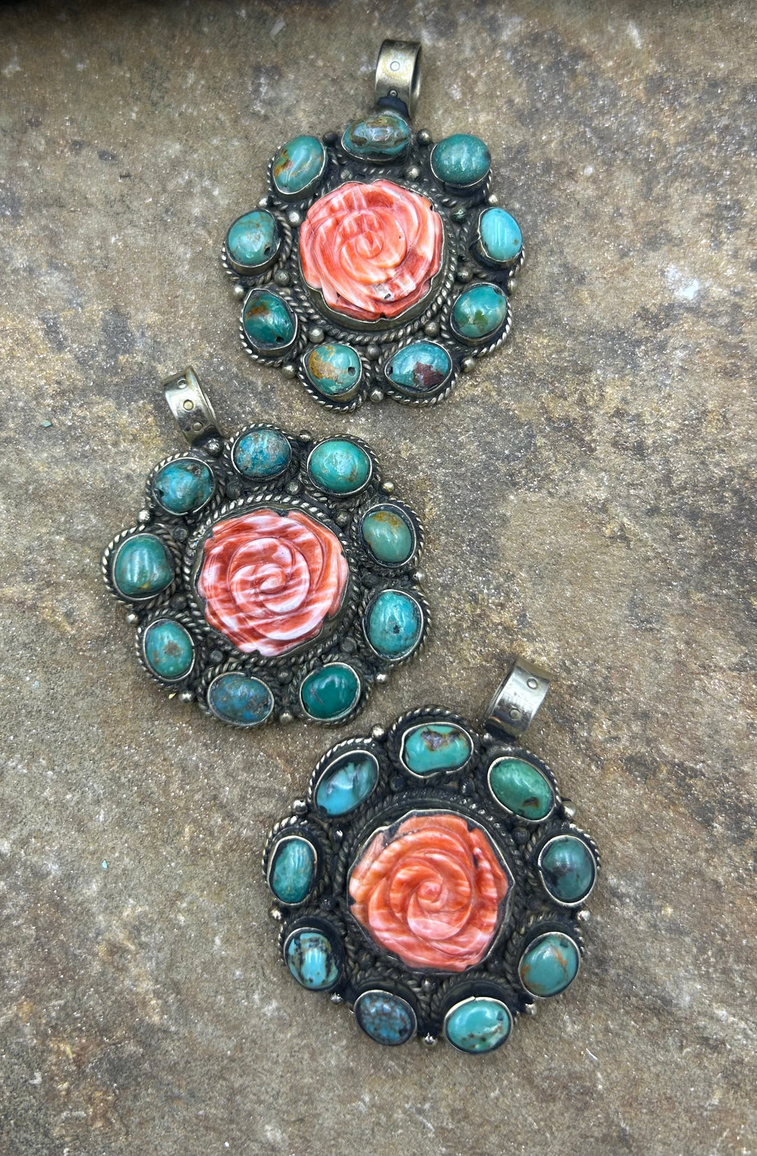 Turquoise and Spiny Oyster Rose Pendant 42x54mm (Base