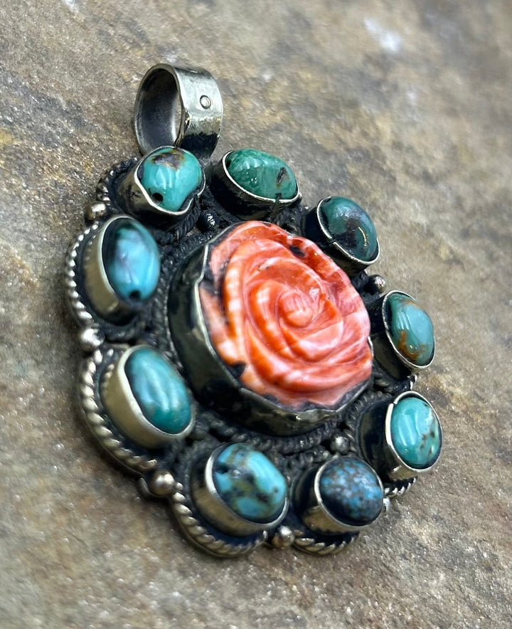 Turquoise and Spiny Oyster Rose Pendant 42x54mm (Base