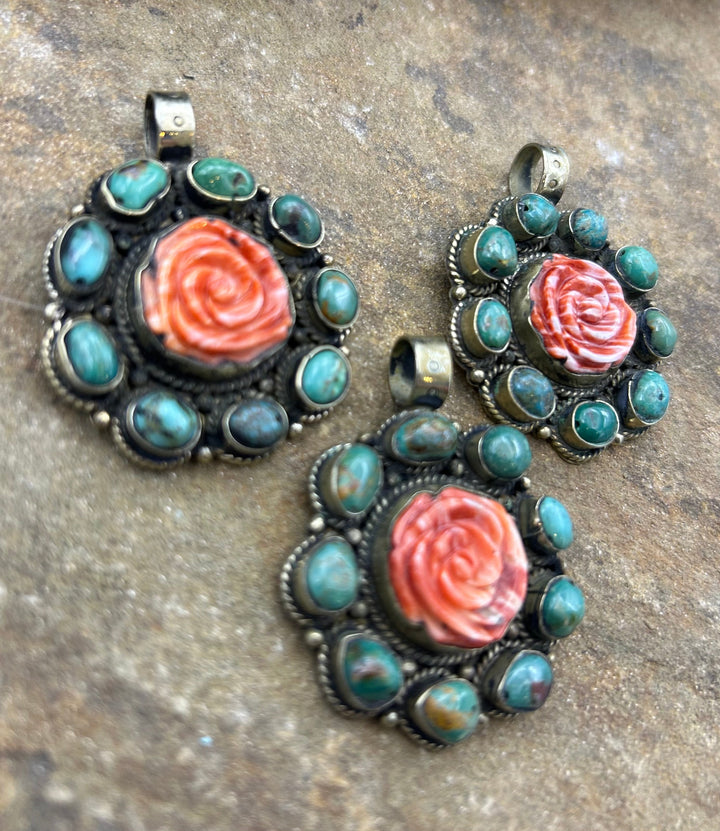 Turquoise and Spiny Oyster Rose Pendant 42x54mm (Base
