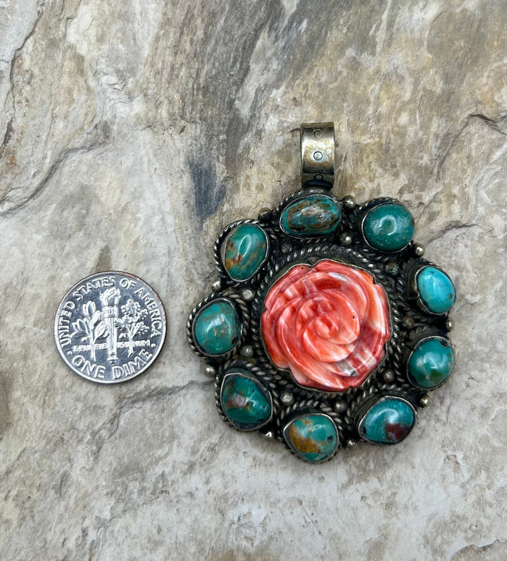 Turquoise and Spiny Oyster Rose Pendant 42x54mm (Base