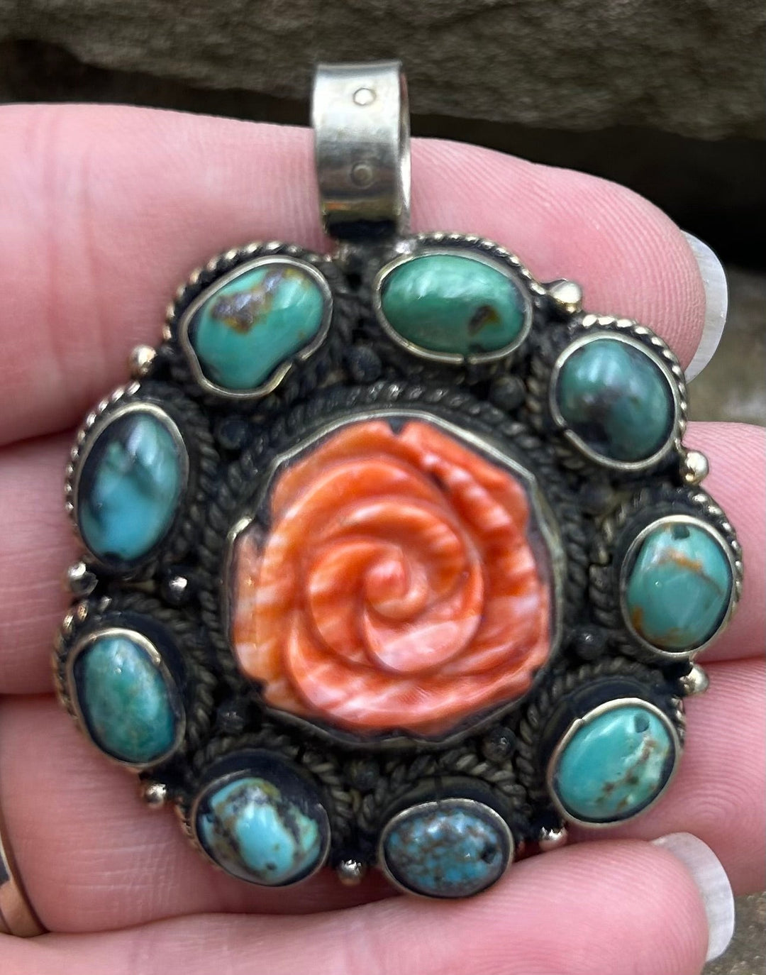 Turquoise and Spiny Oyster Rose Pendant 42x54mm (Base