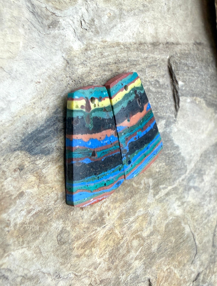 VINTAGE Rainbow Calsilica Earring Slab Bead Pair 14x21mm