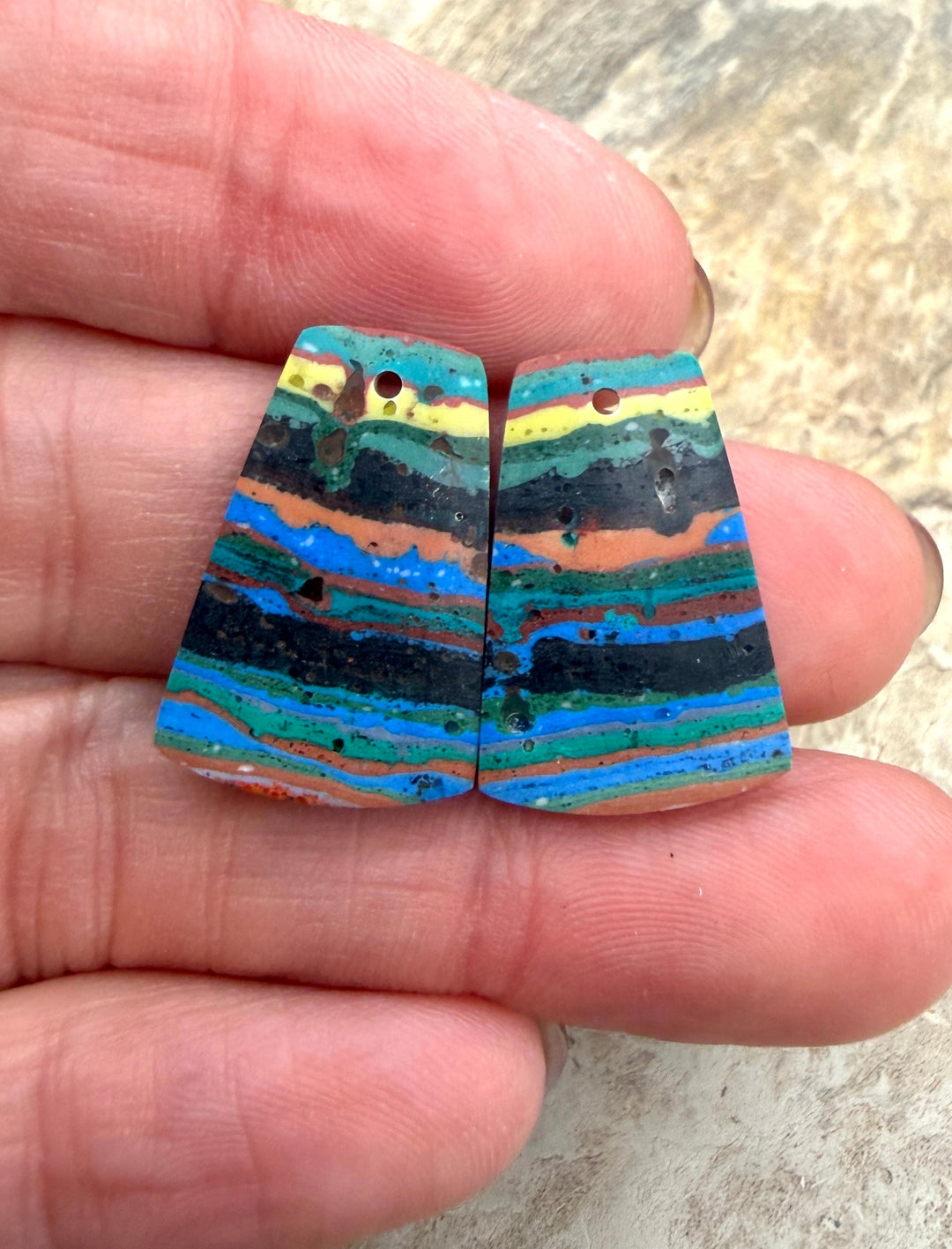 VINTAGE Rainbow Calsilica Earring Slab Bead Pair 14x21mm