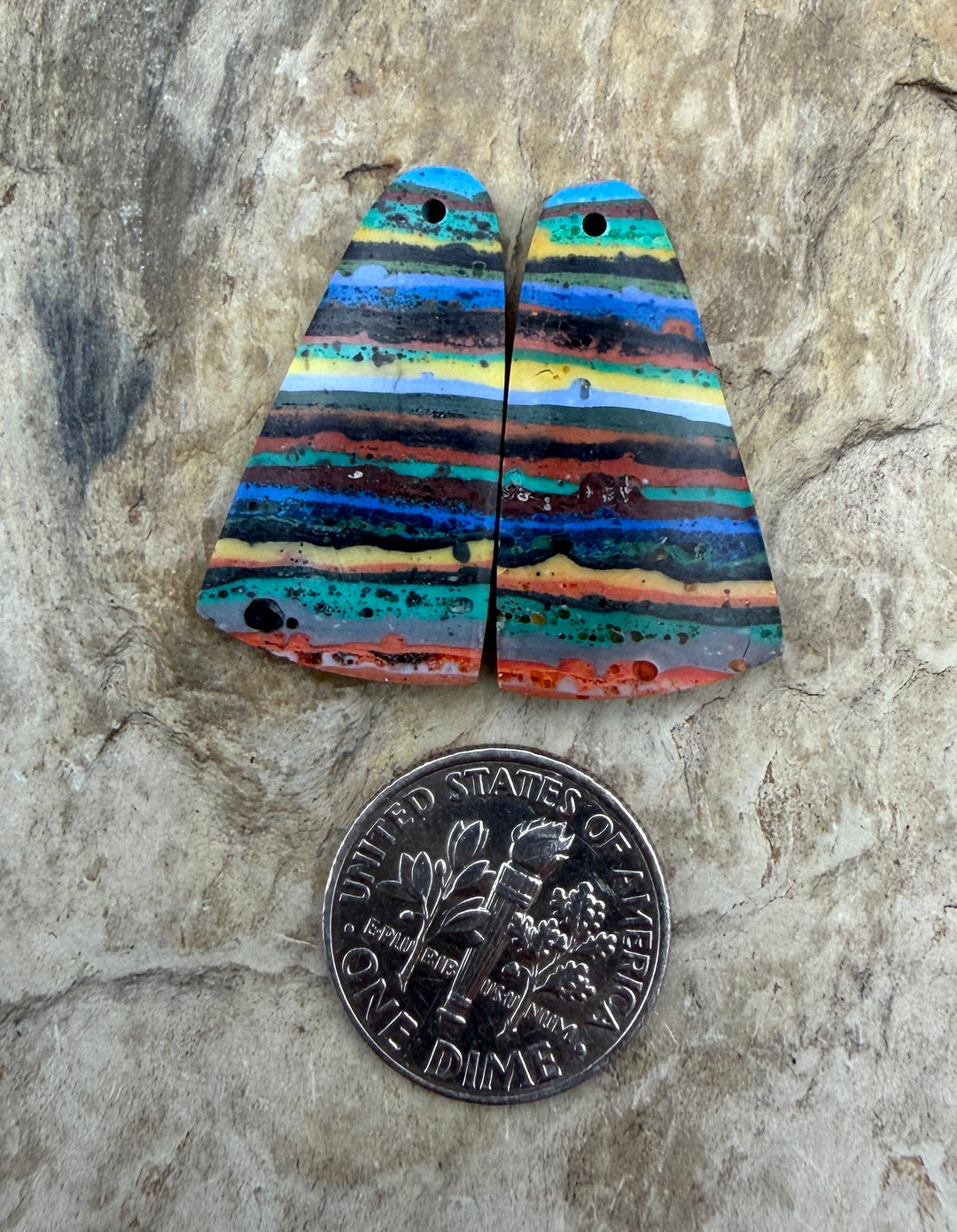 VINTAGE Rainbow Calsilica Earring Slab Bead Pair 14x26mm
