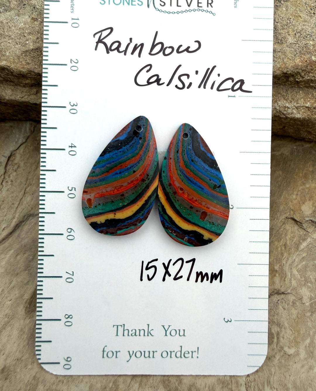 VINTAGE Rainbow Calsilica Earring Slab Bead Pair 15x27mm