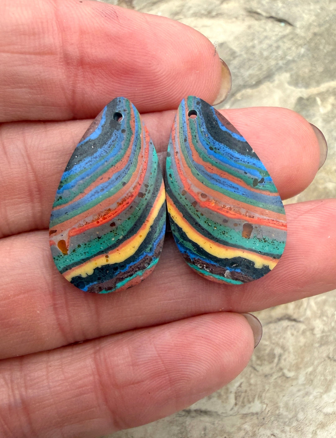 VINTAGE Rainbow Calsilica Earring Slab Bead Pair 15x27mm