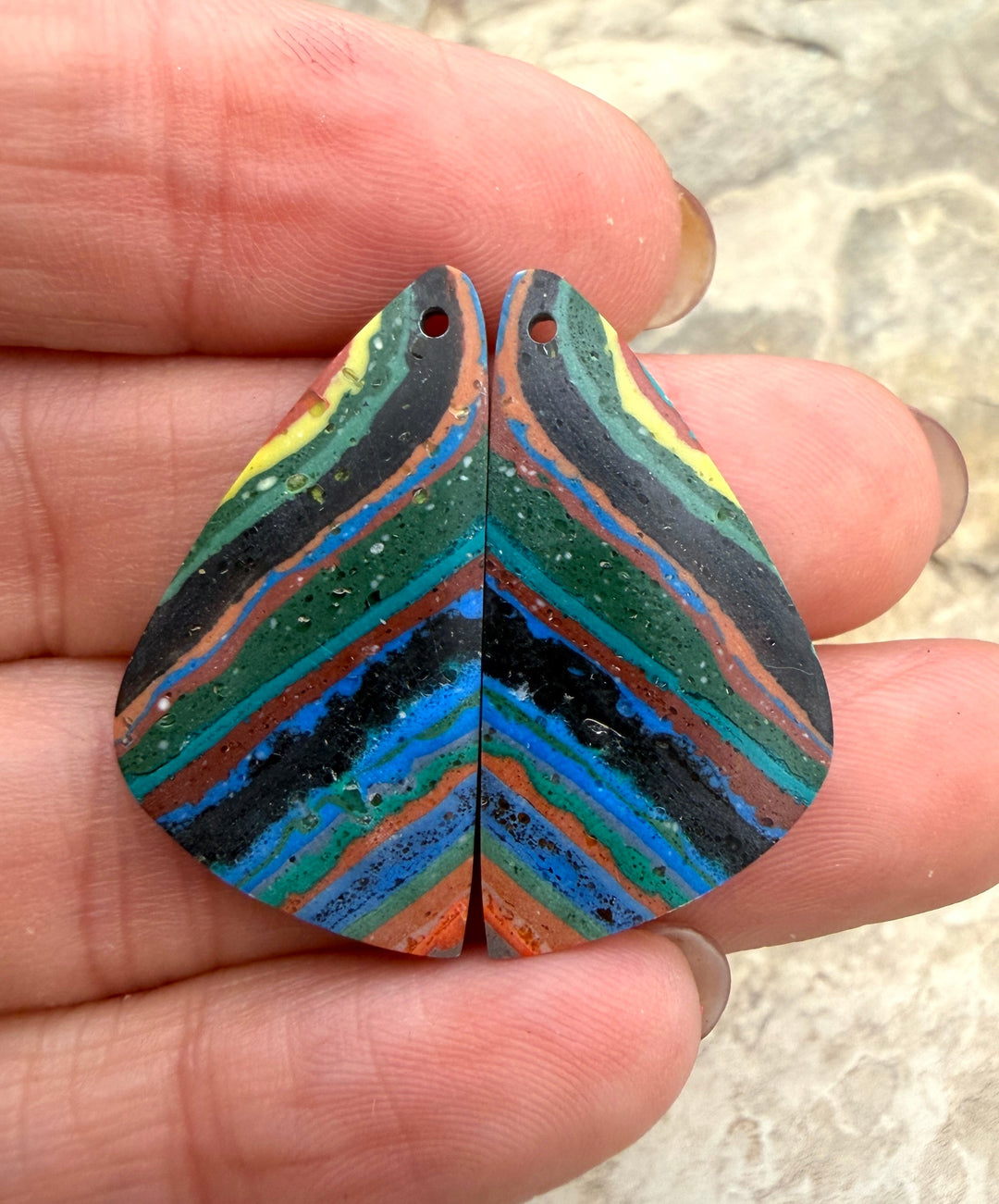 VINTAGE Rainbow Calsilica Earring Slab Bead Pair 15x30mm