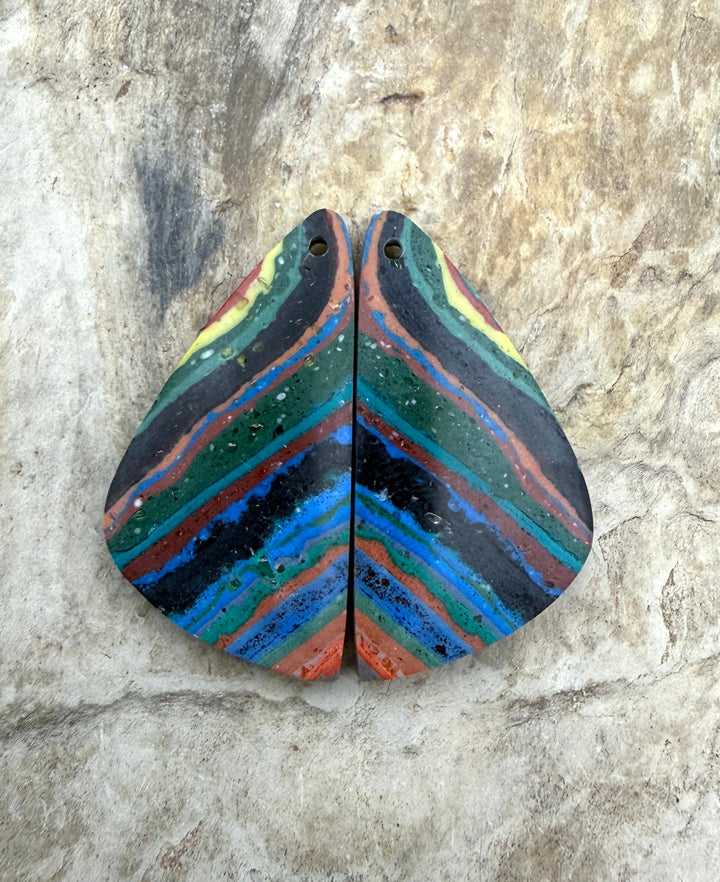 VINTAGE Rainbow Calsilica Earring Slab Bead Pair 15x30mm