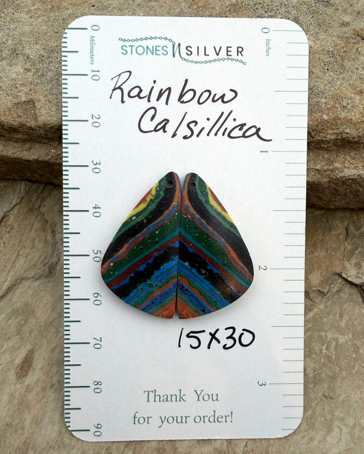 VINTAGE Rainbow Calsilica Earring Slab Bead Pair 15x30mm
