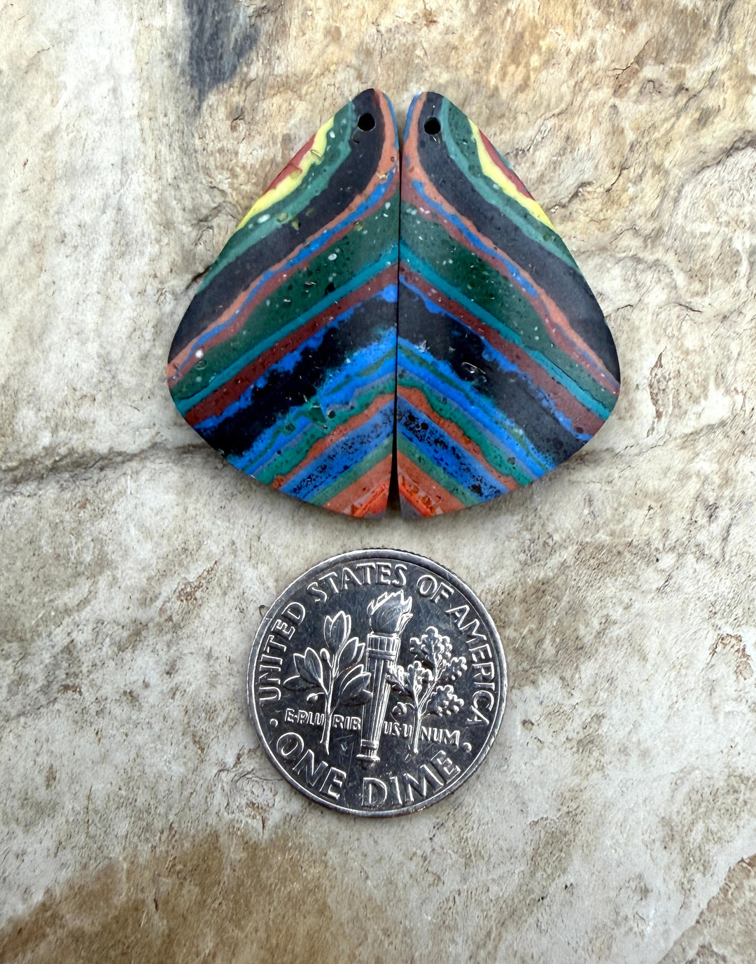 VINTAGE Rainbow Calsilica Earring Slab Bead Pair 15x30mm