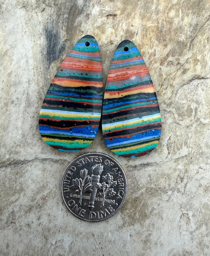VINTAGE Rainbow Calsilica Earring Slab Bead Pair 16x31mm