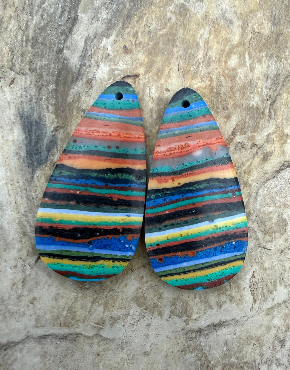 VINTAGE Rainbow Calsilica Earring Slab Bead Pair 16x31mm
