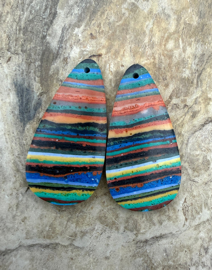 VINTAGE Rainbow Calsilica Earring Slab Bead Pair 16x31mm