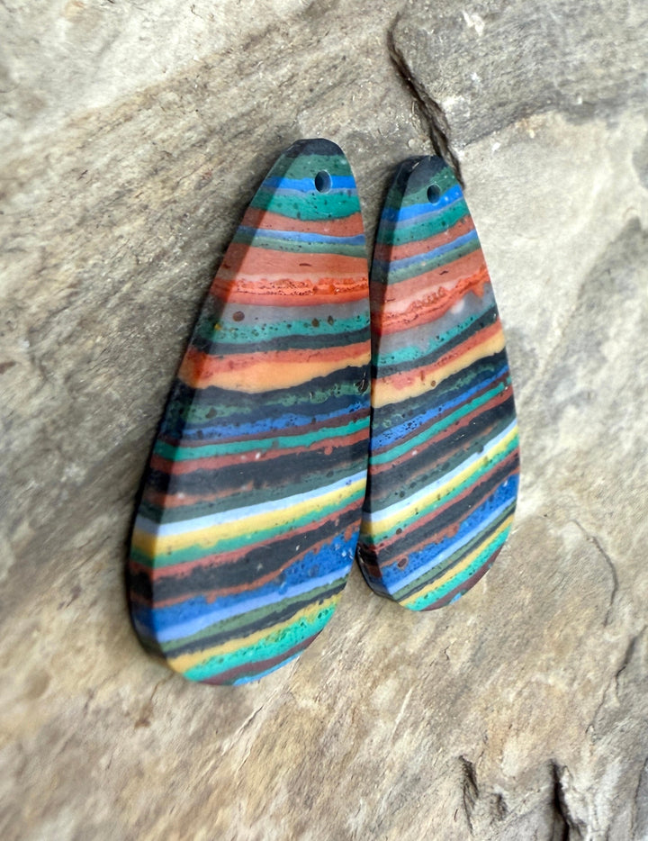 VINTAGE Rainbow Calsilica Earring Slab Bead Pair 16x31mm