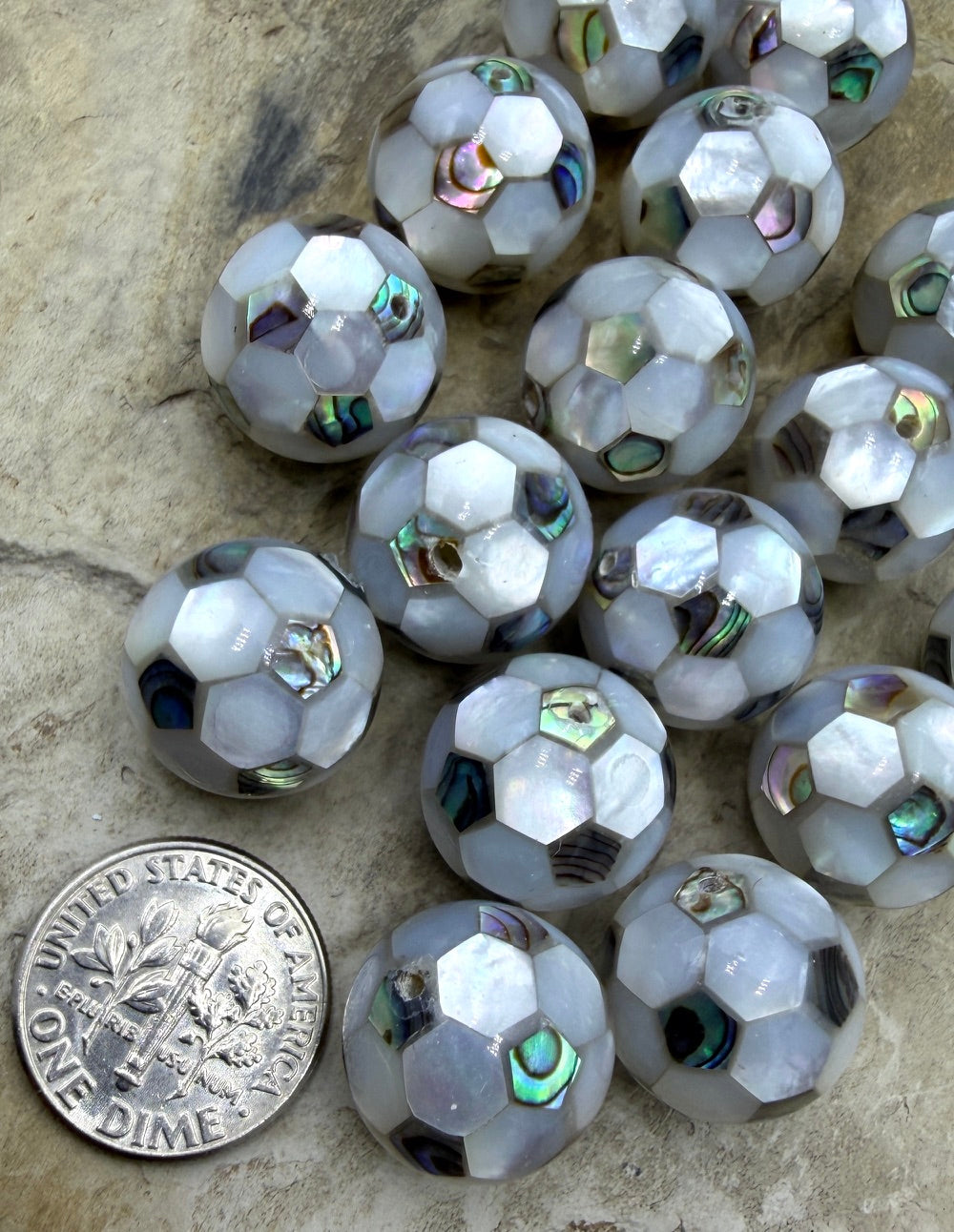 White Mother Of Pearl and Abalone Shell Soccer Ball Beads