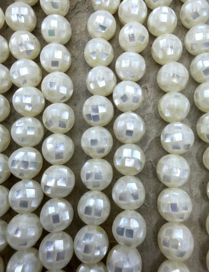 White Mother Of Pearl In Resin 8mm Disco Ball Beads 16 Inch